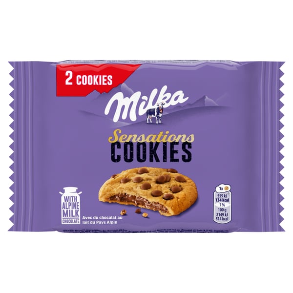 Milka Sensations Cookies -keksit maitosuklaapaloilla ja maitosuklaatäytteellä 52 g Milka Sensations Cookies -keksit maitosuklaapaloilla ja maitosuklaatäytteellä 52 g