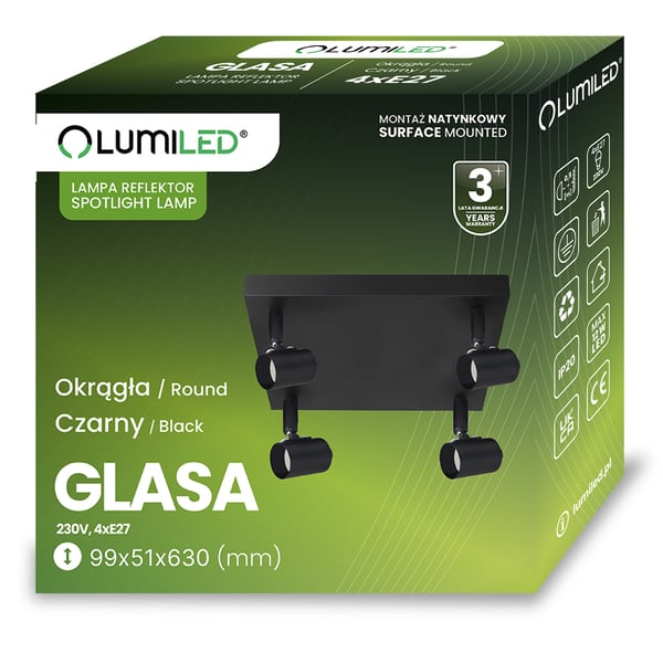 Kattovalo Plafonki SPOT TUBA Heijastin Armtuuri Halogeeni 4x E27 GLASA LUMILED
