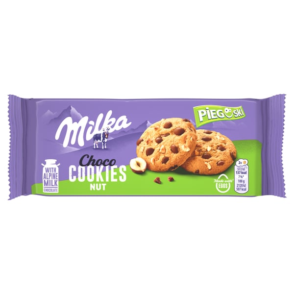 Milka Pieguski Chocolate Cookies -pähkinäkeksit maitosuklaalla ja pähkinöillä 135 g Milka Pieguski Chocolate Cookies -pähkinäkeksit maitosuklaalla ja pähkinöillä 135 g