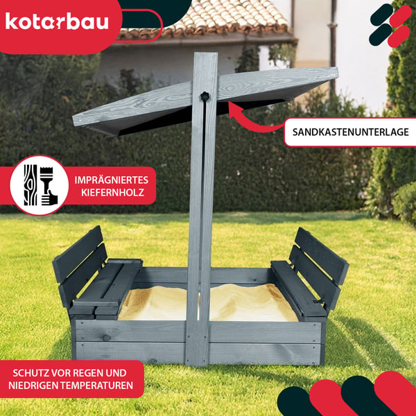 KOTARBAU® Suuri puinen hiekkalaatikko harmaalla katolla, kyllästetty, suljettu, penkeillä, harmaa 100 x 100 CM