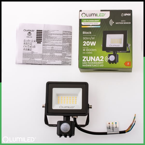 LED-strålkastare ZUNA2 20W 1800lm 4000K IP44 svart med rörelsesensor LUMILED