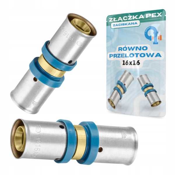 PEX 16x16 forbindelse, lige boring, presset muffe, alupex fitting PEX 16x16 forbindelse, lige boring, presset muffe, alupex fitting