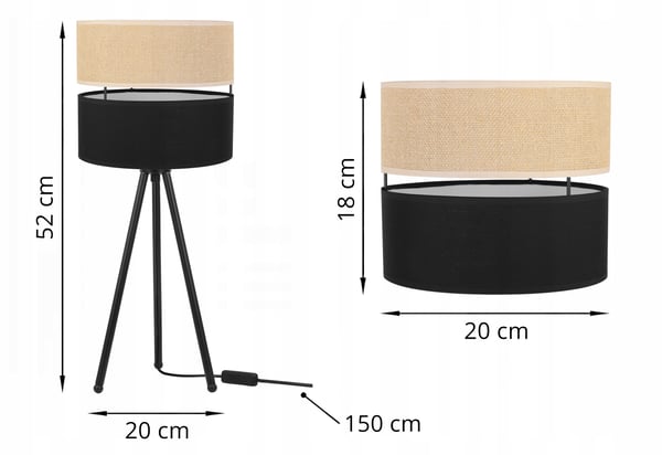 BORDLAMPE I JUTE SKÆRM 20 CM SORT