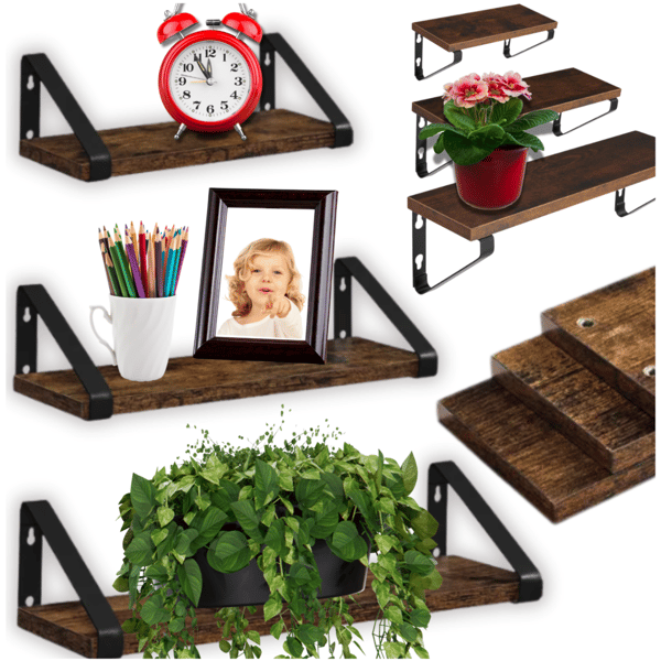 Set med 3 hängande vägghyllor, rustik loft, industriell stil