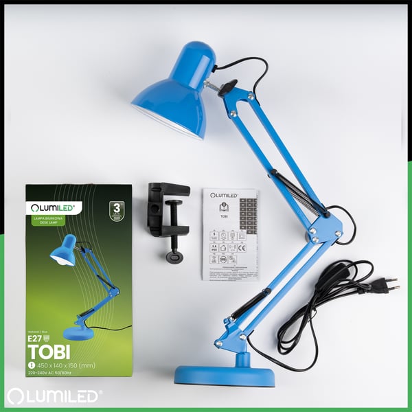 Pöytälamppulamppukirjoituslamppulamppulamppu E27 TOBI Sininen Lumiled ja kiinnike työpöydälle