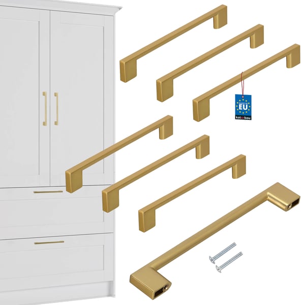 KOTARBAU® kökshandtag klassiskt modernt avlångt långt matt guld 190 mm avstånd 160 mm set om 6