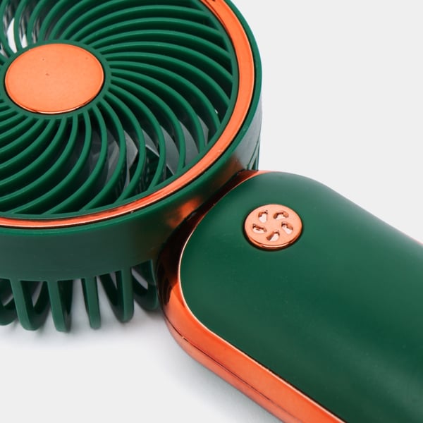 Mini lommeventilator i rosaguld med USB-genopladeligt batteri og stativ