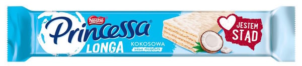 Princesso Longa -vohveli, jossa on kookoskermaa ja valkoista kuorrutetta, 40 g Princesso Longa -vohveli, jossa on kookoskermaa ja valkoista kuorrutetta, 40 g