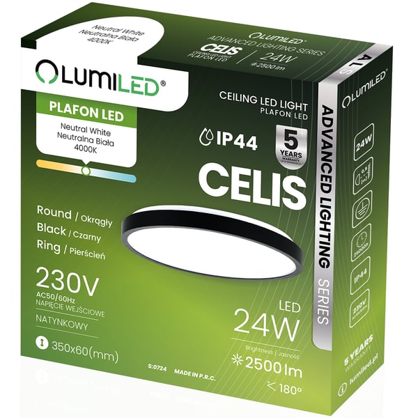 Loftlampe LED overflademonteret 24W 4000K CELIS rund IP44 sort ring ALS LUMILED
