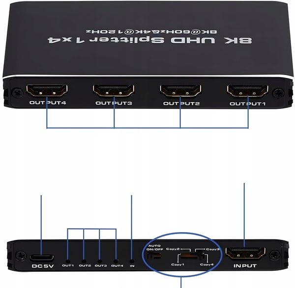 HDMI 2.1 SPLITTER 1x4 ULTRAHD HDCP 2.3 SPLITTER 8K60HZ 4K 120HZ - 4 TV
