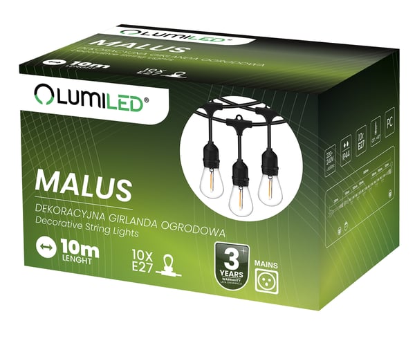 MALUS Udendørs Have Guirlande Lyskæde 10m 10x E27 LUMILED