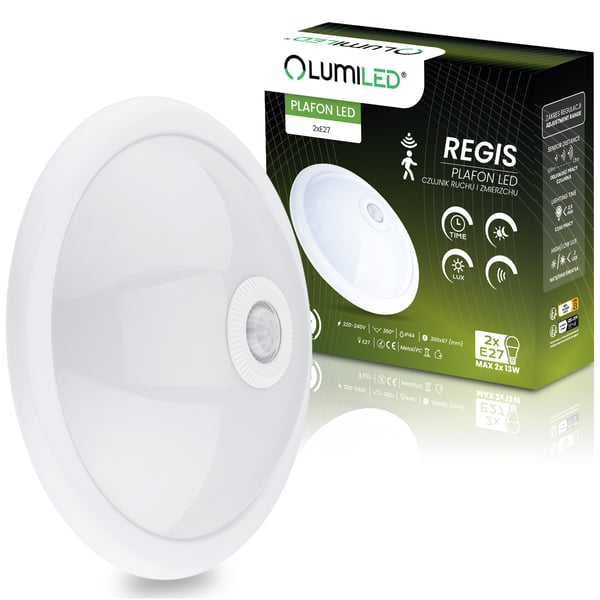 Taklampa LED REGIS 2x E27 IP44 med rörelsesensor och skymningssensor vit rund 30cm LUMILED