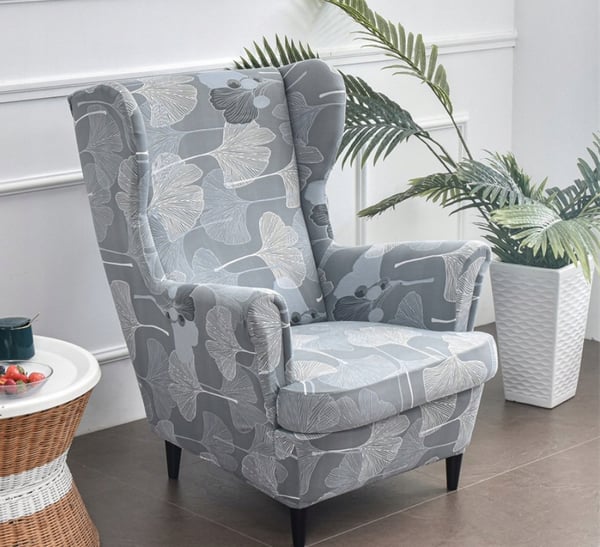 Päällinen siipiselle nojatuolille, harmaa, lehtikuvio, kuminauha [22EW8]