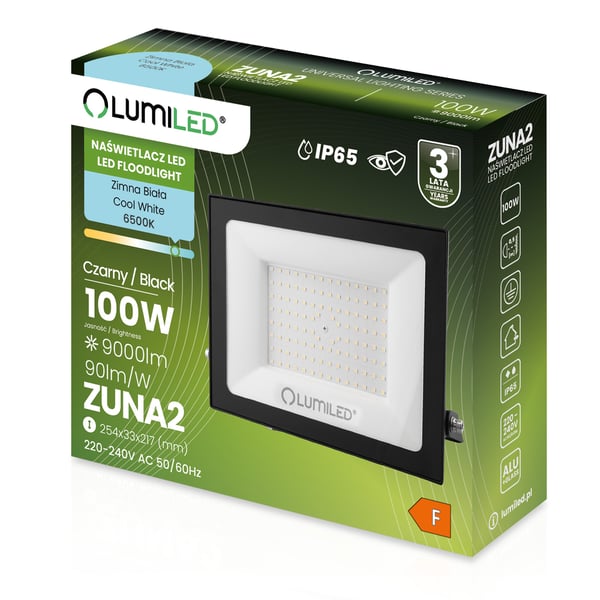 LED-valaisimet ZUNA2 100W 9000lm 6500K IP65 musta LUMILED