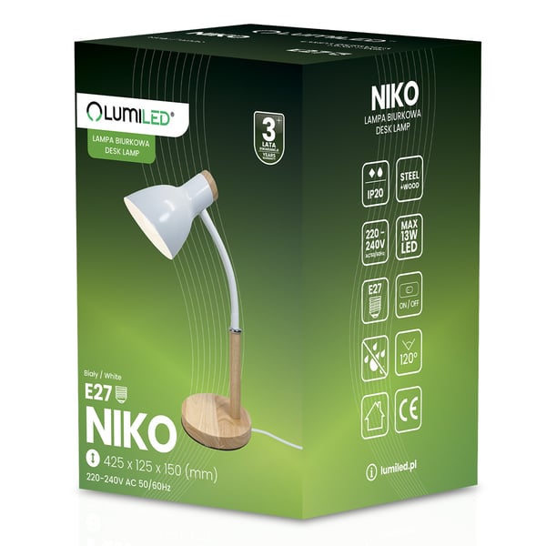 Pöytälamppu koululamppu piirustuslampptu pöydän koristelampptu E27 NIKO Valkoinen Lumiled