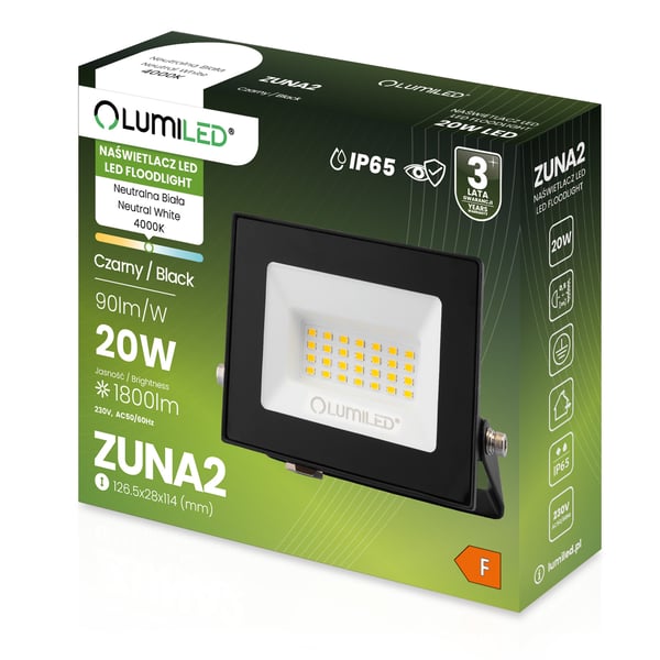 LED-projektor ZUNA2 20W 1800lm 4000K IP65 sort LUMILED