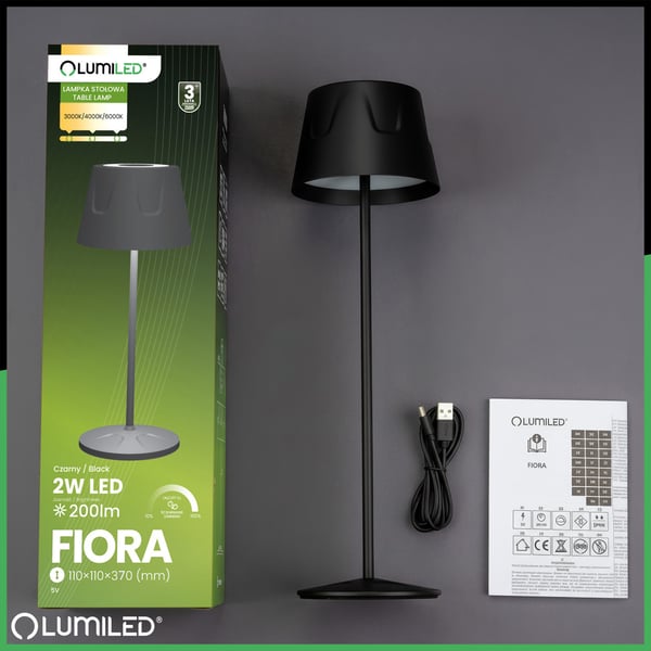 LED havelampe, stående, dekorativ, bord, natlampe, USB, dæmpbar, touch, sort, FIORA LUMILED