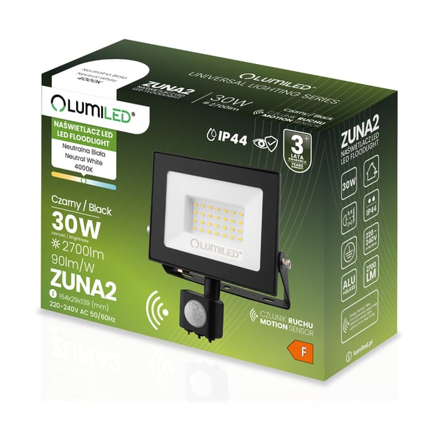 LED-strålkastare ZUNA2 30W 2700lm 4000K IP44 svart rörelsesensor LUMILED