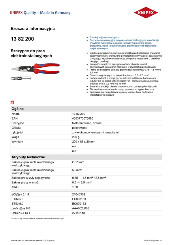 Tænger til elektrisk installationsarbejde 200 mm - KN 13 82 200