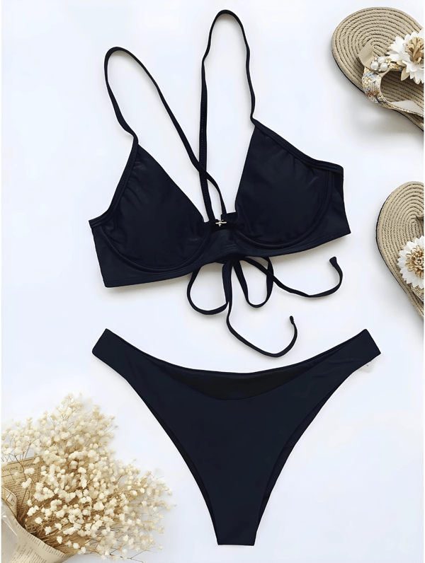 Push-up bikini badedragt med bindedetaljer, sort høj talje, udskæringer. S Push-up bikini badedragt med bindedetaljer, sort høj talje, udskæringer.