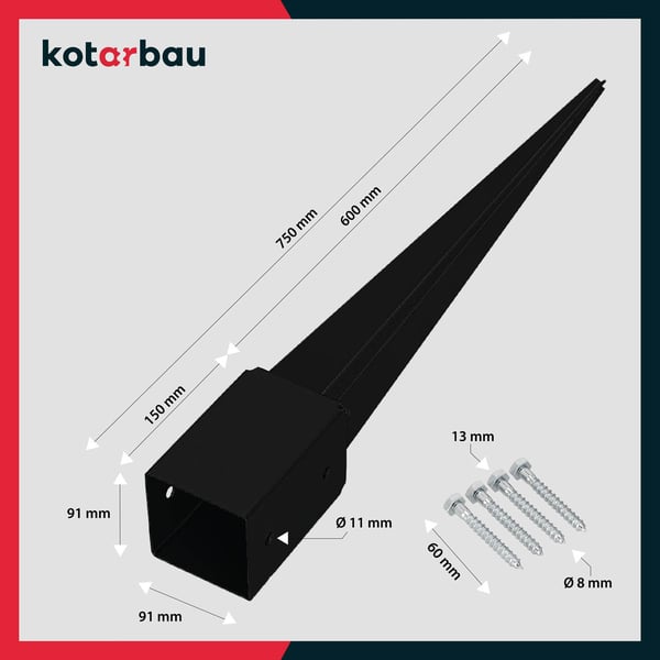 KOTARBAU stålstolpe grundankare til pergola og pavillon 91 x 91 x 750 mm sort