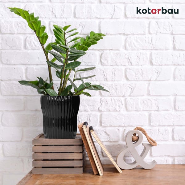 KOTARBAU® Blomkruka 11,5 cm svartglaserad keramik räfflad dekorativt lock balkonkruka