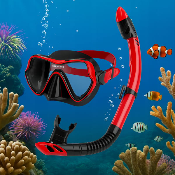 Dykset mask med slang, snorkel och simglasögon för snorkling