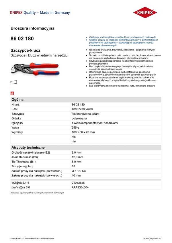 Pihdit ja jakoavain 180 mm - KN 86 02 180