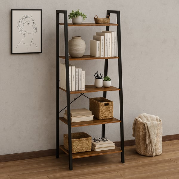 Mørkebrun hylde til stuen, smal rustik bogreol, begryf 56x34x172