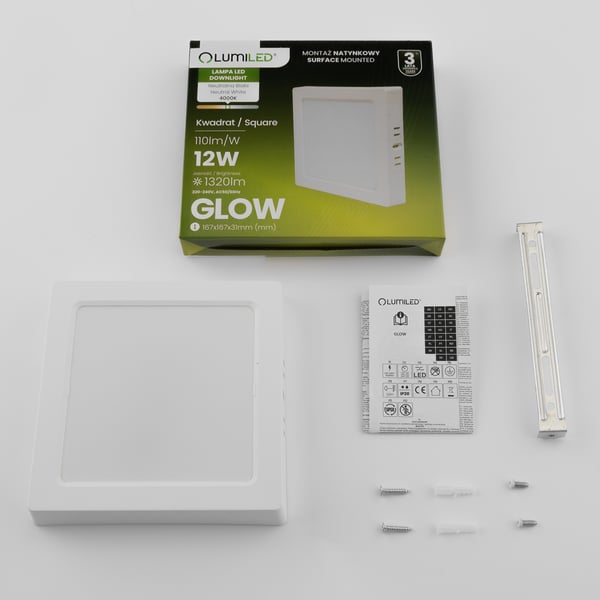 Utanpåliggande LED-taklampa 12W fyrkantig 4000K GLOW vit LUMILED