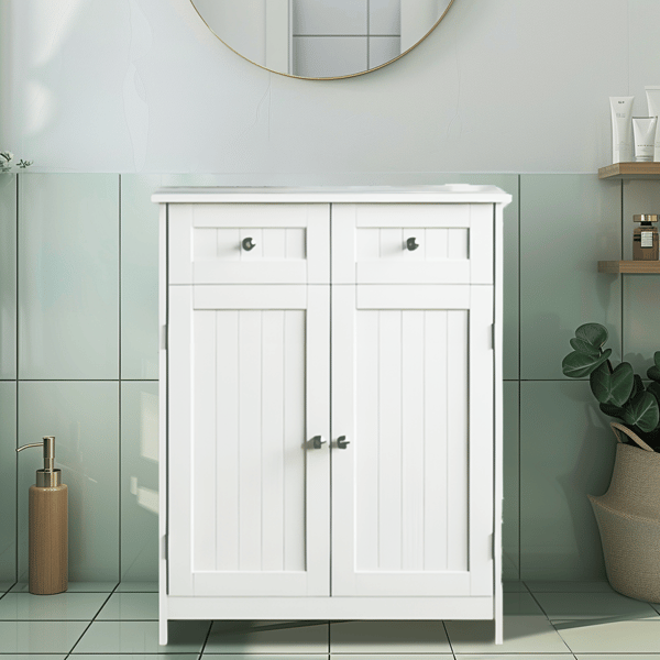 Vitt modernt rymligt badrumsskåp med lådor och dörrar för kosmetika och accessoarer 60x30x75 cm