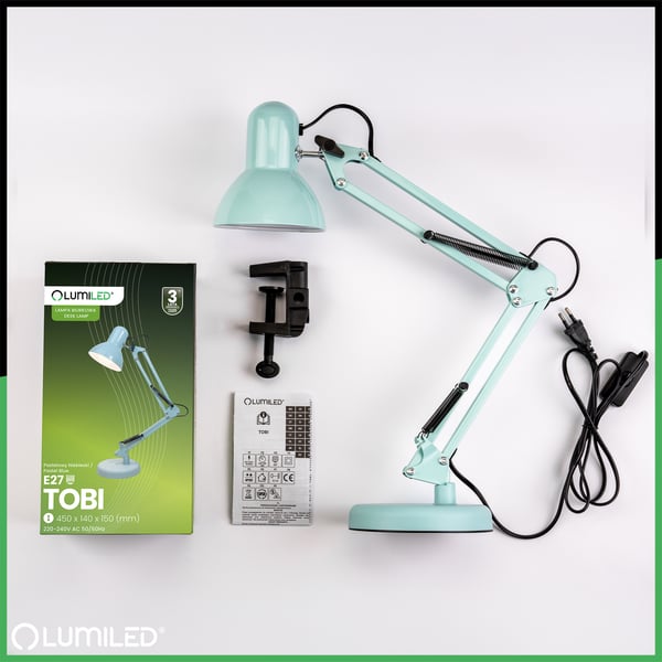 Työpöydän lamppu Piirustus pöytälamppu E27 TOBI Pastellin sininen Lumiled + pöydän kiinnike