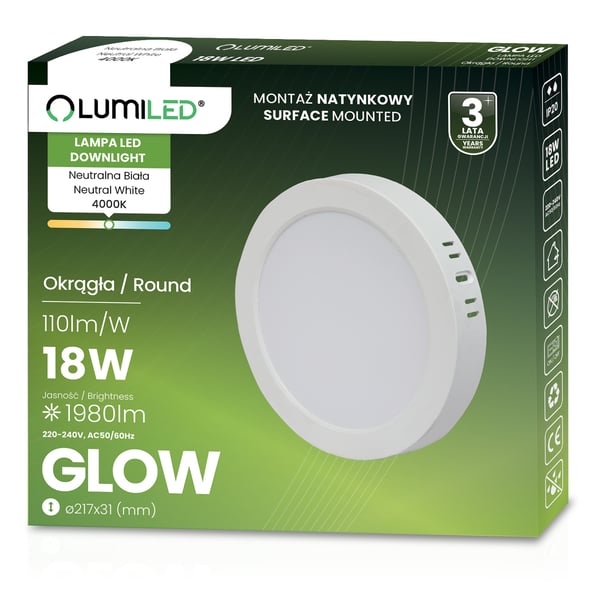 Takmontering LED taklampa 18W rund 4000K GLOW vit LUMILED
