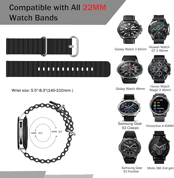 Silikonirannekkeet Samsung Galaxy Watch 3 45mm 22mm mustavalkoiset 2 kpl