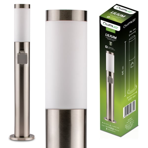 Trädgårdslampa utomhus E27 INOX stolpe 65cm med uttag 230V Lilium LUMILED