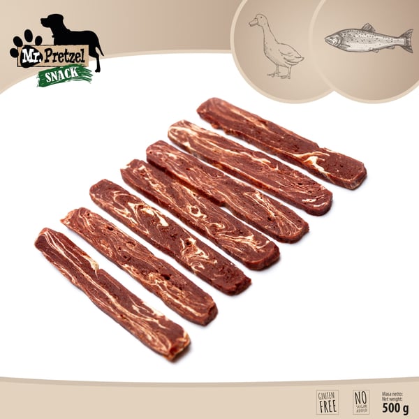 Herkku, välipala koirille Pieniä ankan ja turskan suikaleita Mr. Pretzel 500g