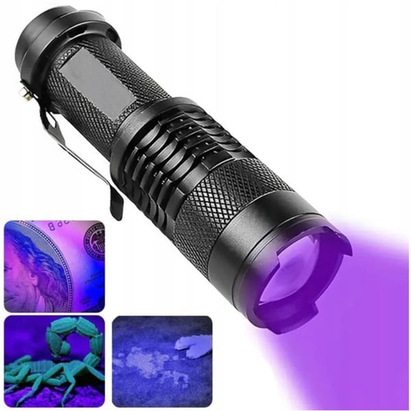 Taktisk LED-lommelygte med zoom, UV-diode, ravfarvet seddeltest, modstandsdygtig