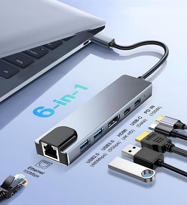 HUB USB-C 6-i-1 HDMI 4K RJ45 LAN 2xUSB 3.0 PD 100W MacBook M1 M2 Thunderbolt