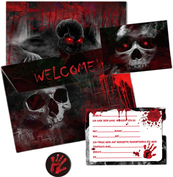 Halloween-festinvitationer med kuverter og klistermærker, tysksprogede, 12 stk. Halloween-festinvitationer med kuverter og klistermærker, tysksprogede, 12 stk.