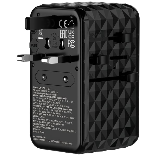 Verbatim Charge 'n' Travel GaN III -maailmanlaajuinen adapteri, 4 x USB-C PD 3.0 QC 4+ 70 W, 1 x USB-A QC 4+ 60 W
