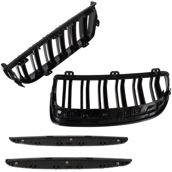 BMW 3 E90 / E91 04-09 SEDAN / KOMBI gitter mellem forlygterne (nyrerne) venstre + højre sæt SORTE GLOSSY DOBBELTE BÅNDRIBBER