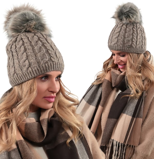 Varm damvintermössa med pompom isolerad fleece Beania Latte UNI