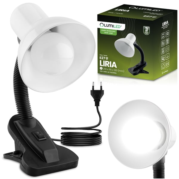 LIRIA Justerbar Bordslampa Skol Natt E27 Klämma Vit LUMILED