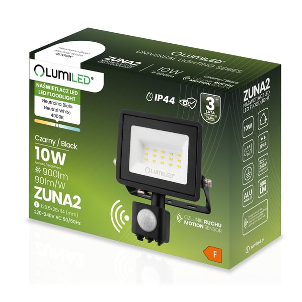 ZUNA2 LED projektør 10W 900lm 4000K IP44 Sort LUMILED bevægelsessensor