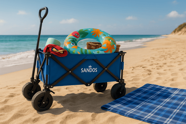 Strandvogn, turist, camping, transport, foldbar, tykke hjul, blå