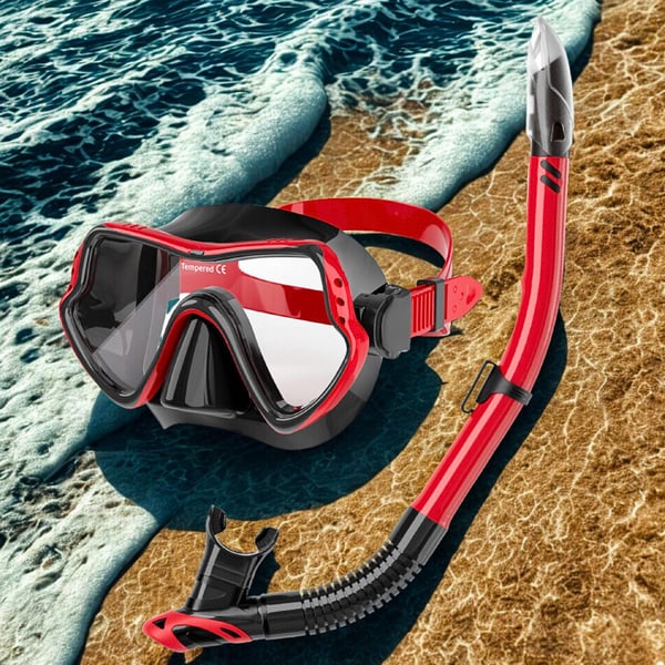 Dykset mask med slang, snorkel och simglasögon för snorkling