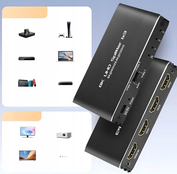 HDMI 2.1 SPLITTER 1x3 ULTRAHD SPLITTER HDCP 2.3 8K60HZ 4K 120HZ - 3 TV'er