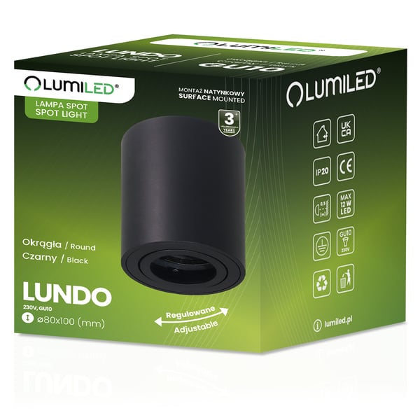 Väggmonterad halogenspot i rörlig tub LUNDO GU10 LUMILED rund svart 80mm