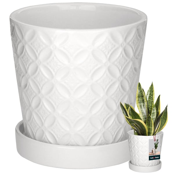 Kotarbau® Rund Vit Blomkruka 13 cm med Fat Glaserad Keramik Blom- och Örtkruka