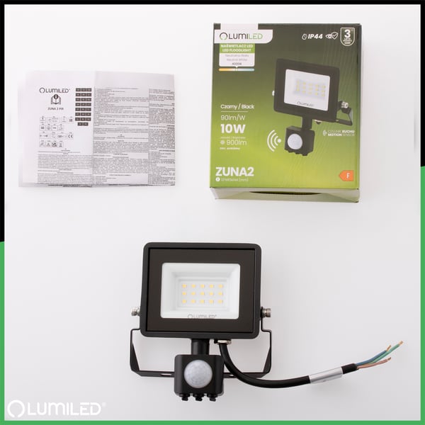 LED-arbetslampa ZUNA2 10W 900lm 4000K IP44 svart rörelsesensor LUMILED